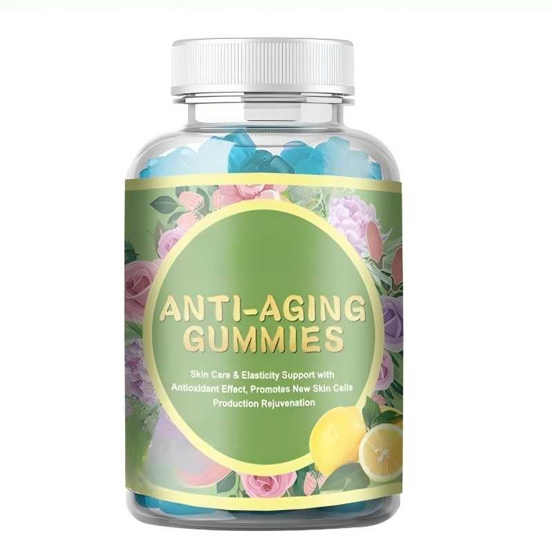 Bottle of anti-aging gummies with a colorful label on a white background