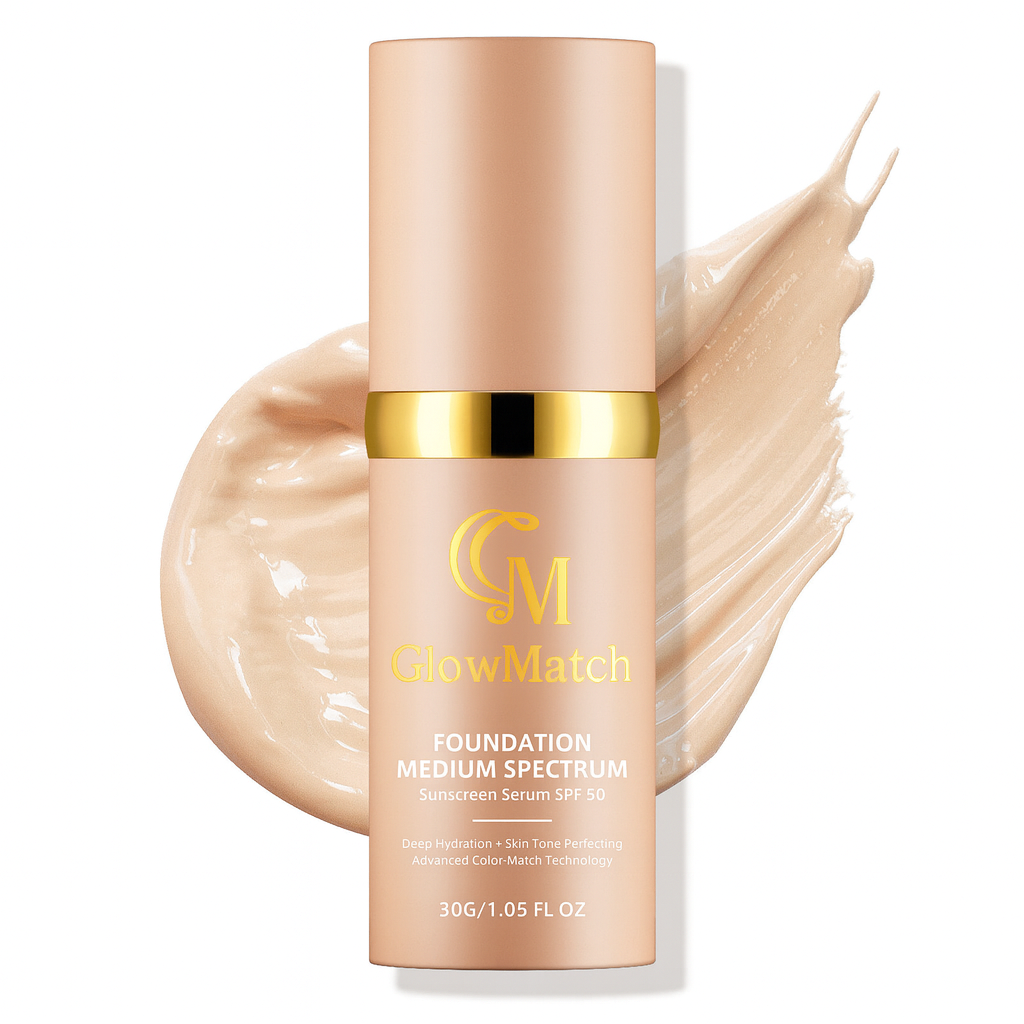 GlowMatch foundation bottle with a swatch of foundation on a white background