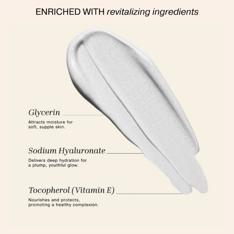 Product swatch with text highlighting ingredients on a beige background