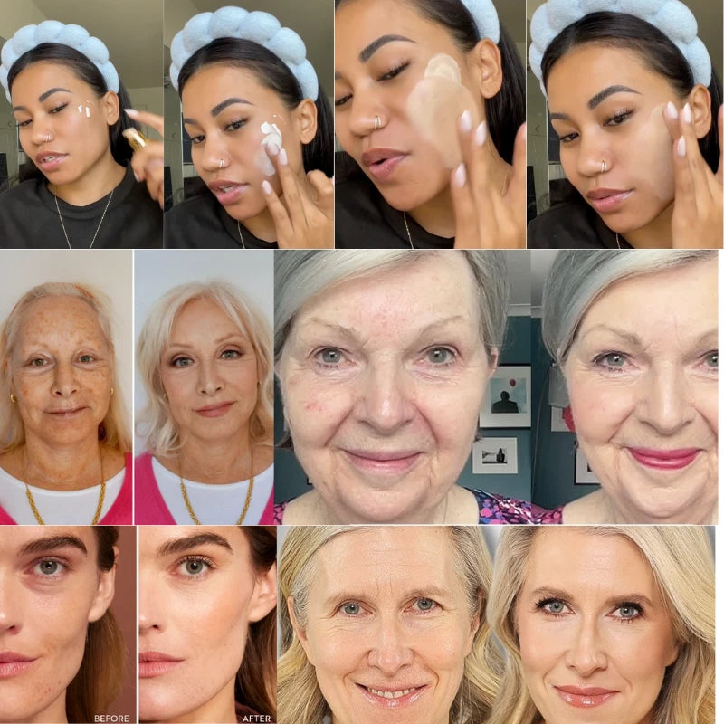 Before and after transformation of a woman's face with skincare products.