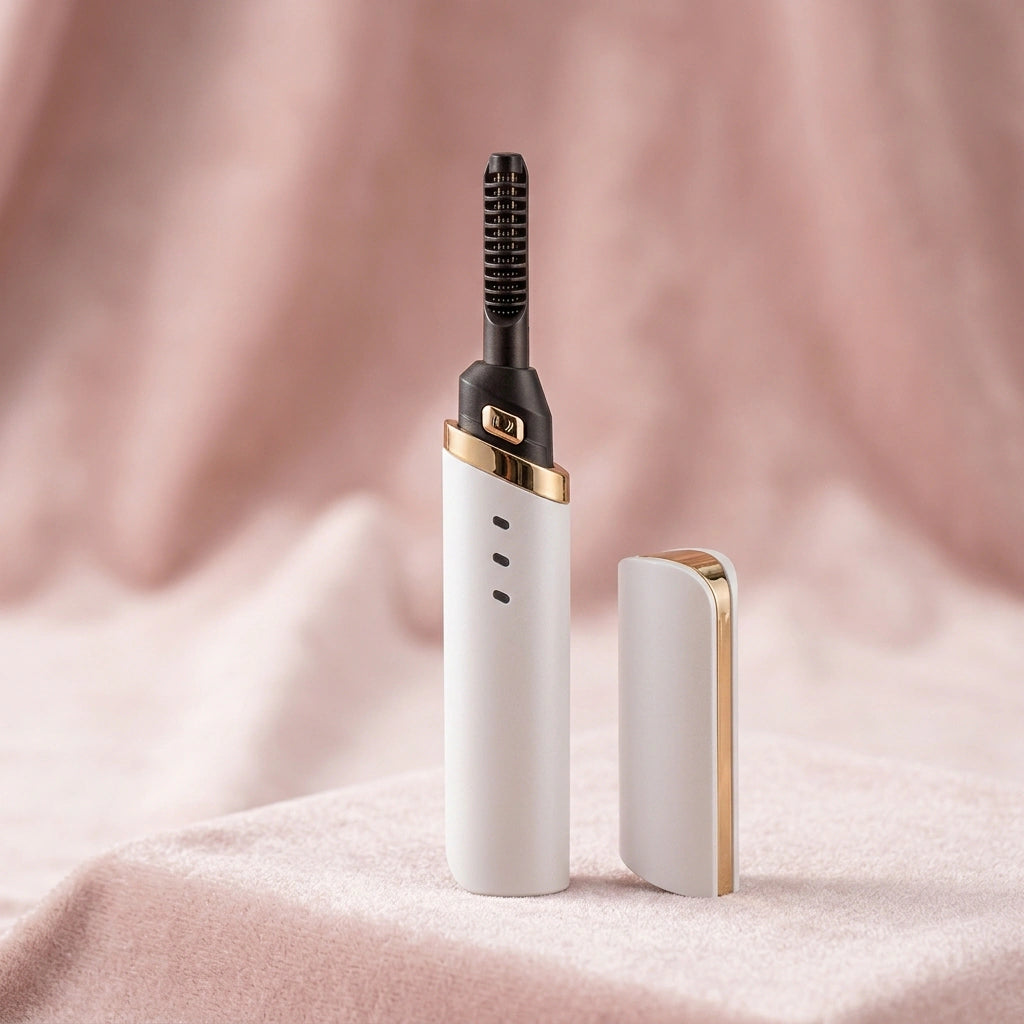 Lumivie heated lash curler in use on lashes