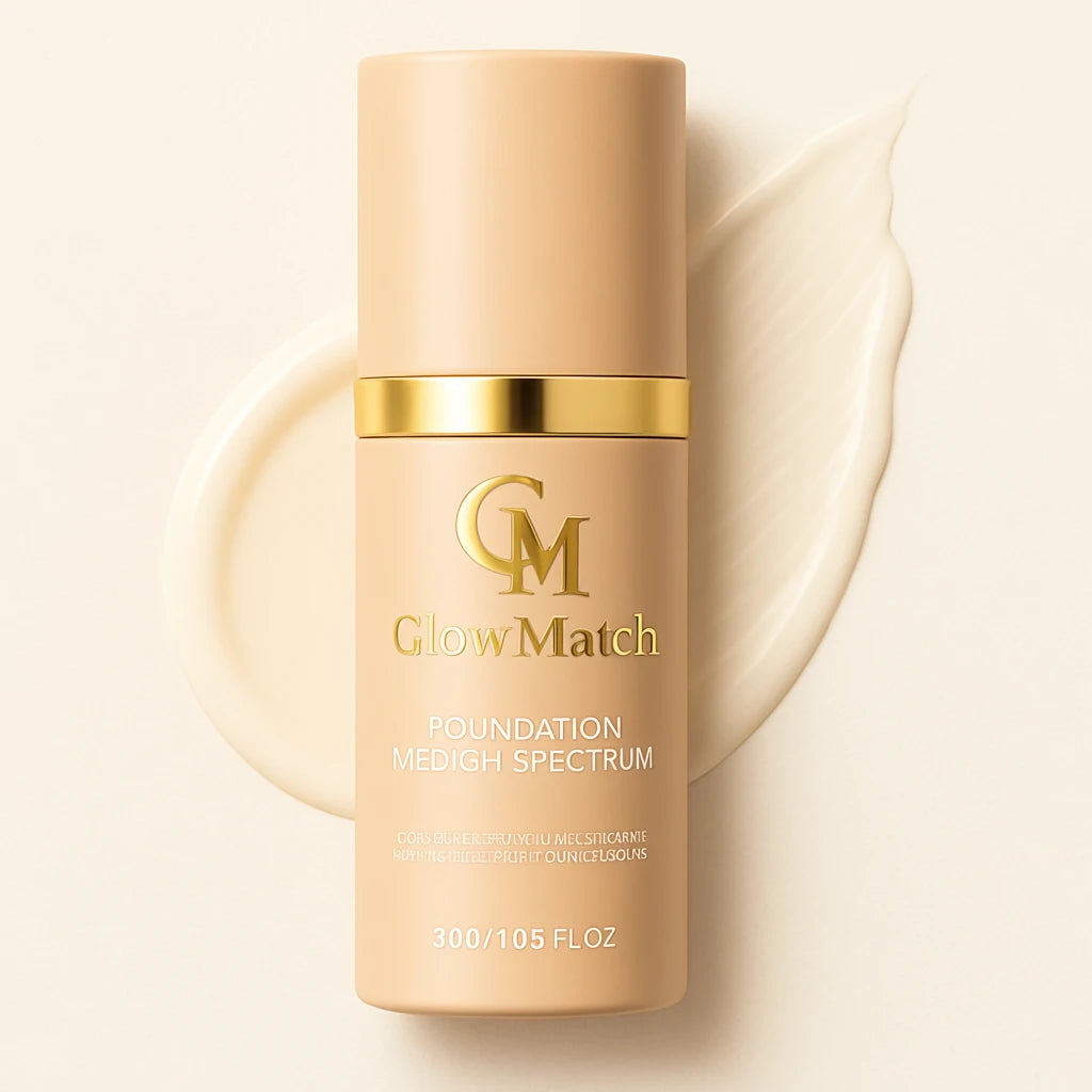 Glow Match foundation bottle with a swatch of foundation on a beige background